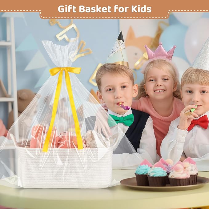 Empty Gift Baskets for Baby Shower, 15.4"L x 11.4"W x 6.7"H Cute Woven Storage Basket with Gift Bags and Ribbons, Small Rope Toy Basket with Handles, Cat Dog Pet Toy Organizer - Small White