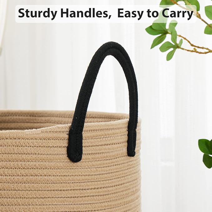 58L Large Woven Laundry Hamper by Fiona's magic, Tall Cotton Rope Laundry Basket, Boho Storage Basket for Blankets, Toys and Clothes Hamper for Bedroom and Living Room Organizing, Brown & Black