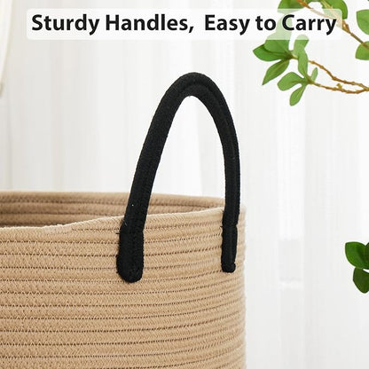 58L Large Woven Laundry Hamper by Fiona's magic, Tall Cotton Rope Laundry Basket, Boho Storage Basket for Blankets, Toys and Clothes Hamper for Bedroom and Living Room Organizing, Brown & Black