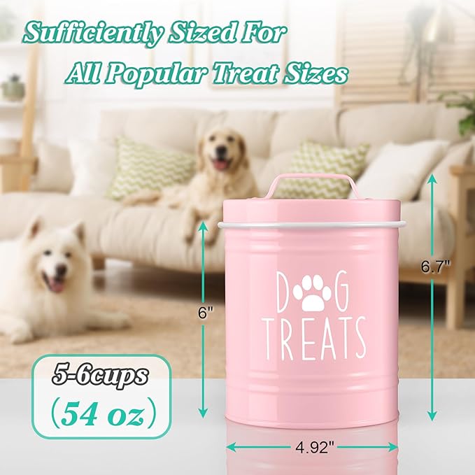 Pink Small Dog Treat Container Airtight - 6" Tall X 4.9" Round Pink Dog Treat Jar for Kitchen Counter - Rustic Treat Storage Canister for Dogs, Cats, Small Animals - Gifts for Pet Owners