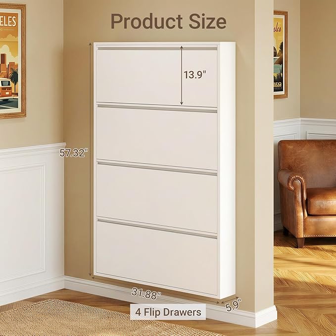 Shoe Cabinet with 4 Flip Drawers, Slim Metal Wall-Mounted Shoe Storage Organizer for Entryway, Hallway, Mudroom, Hidden Narrow Rack, White