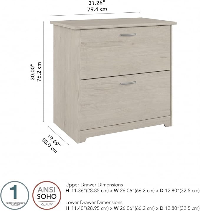 Bush Home Cabot 2 Drawer Lateral File Cabinet in Linen White Oak, Home Office Chest for Letter, Legal, and A4-size Document Storage