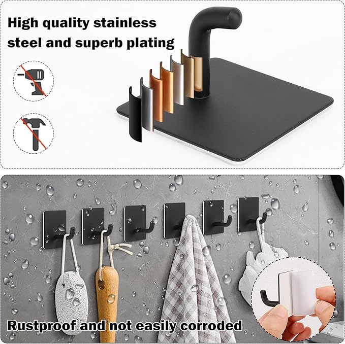 Livabber Adhesive Towel Hooks, 304 Stainless Steel Self Sticky Wall Hooks Waterproof Shower Hooks for Robe/Clothes, No Drilling Towel Hangers for Bathroom Kitchen Bedroom (Black, 6 Packs)