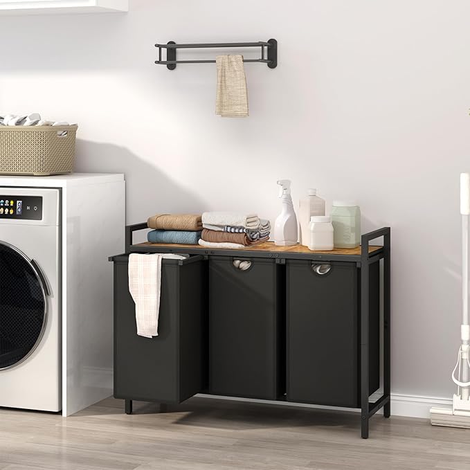 Laundry Hamper, Two -Color 3 Section Laundry Basket with 3 Removable Laundry Sorter Bags and Top Shelf, Clothes Hamper for Laundry Room, Bathroom