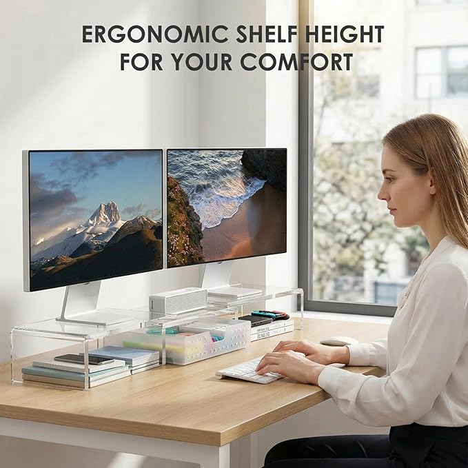 OPNICE Clear Acrylic Desk Organizers and Accessories, Dual Monitor Stand Riser with Drawer, Desk Shelf Computer Racks for Office Workspace Organizers, Desktop Organization