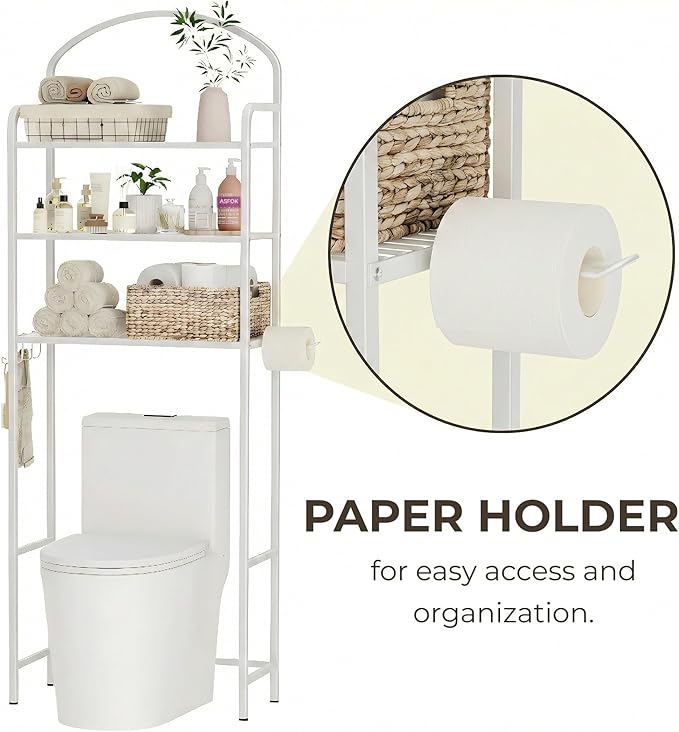 3-Tier Over The Toilet Storage, Bathroom Organizer, Space-Saving, Above Toilet Storage Rack with 4 Hooks and Paper Holder, Metal Shelf, White