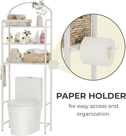 3-Tier Over The Toilet Storage, Bathroom Organizer, Space-Saving, Above Toilet Storage Rack with 4 Hooks and Paper Holder, Metal Shelf, White