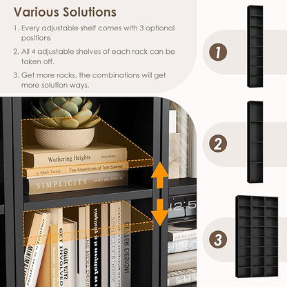 FOTOSOK 2 Pcs 71'' Tall Narrow Bookshelf, 8-Tier Media Tower Rack Set of 2, CD DVD Storage Cabinet with Adjustable Shelves, Tall Narrow Bookcase Skinny Display Bookshelf Slim Shelf, Black