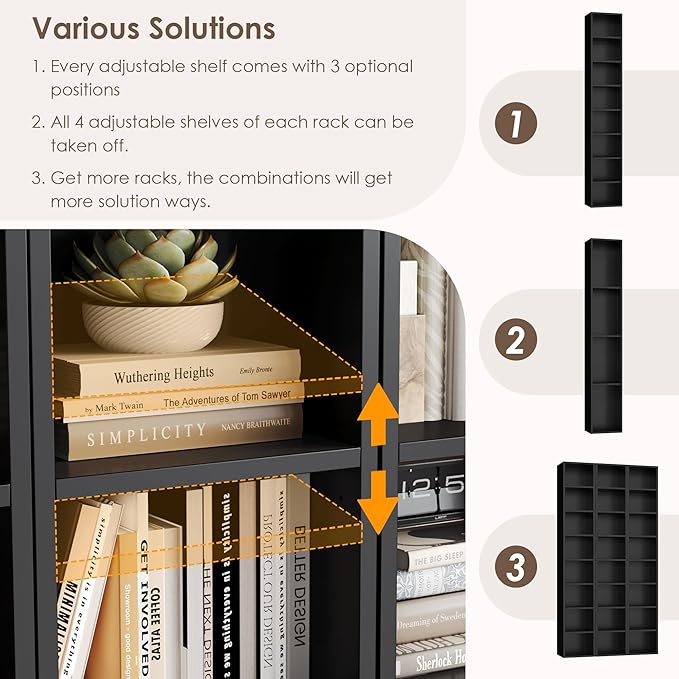 FOTOSOK 8-Tier Media Tower Rack, 11.6 X 9.3 X 70.9 Inches CD DVD Slim Storage Cabinet with Adjustable Shelves, Tall Narrow Bookcase Display Bookshelf for Home Office, Black