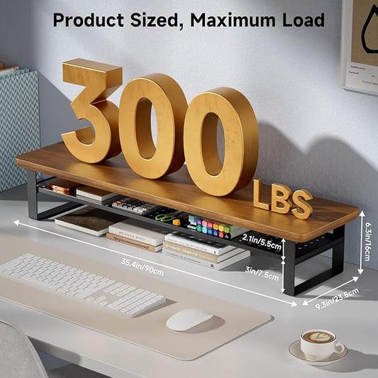 Dual Monitor Stand, 35.4 Inch Monitor Stand Riser for 2 Monitors, 2 Tiers Wood Desk Shelf with Storage, Desktop Organizer Stand for Computer, Laptop, Printer, TV (Walnut, 35.4in)