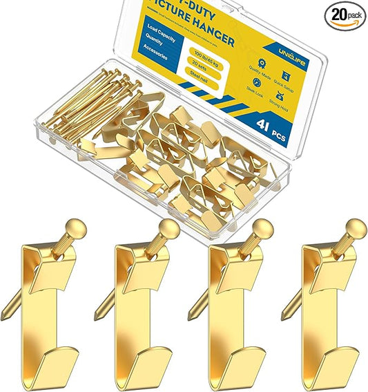 Uniclife 20 Pcs 100 lb Heavy Duty Picture Hangers for Drywall & Wood, Picture Hanging Hooks with Nails, Picture Hanging Hardware, Frame Hooks Picture Hooks for Hanging Photos Mirrors Paintings