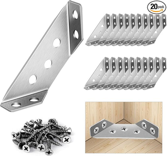 20Pcs Universal Stainless Steel Furniture Corner Connector, Angle Corner Bracket with Screws, Corner Braces, Corner Connectors for Shelves Wood Furniture Cabinets (20 Pcs)