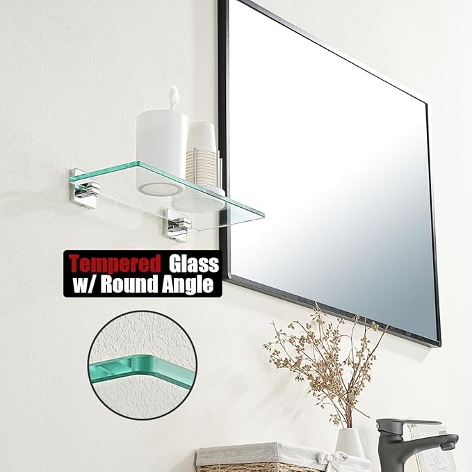 JQK Bathroom Glass Shelf, Floating Tempered Glass Shower Storage 12 by 5 inches, 304 Stainless Steel Polished Chrome Wall Mount 2 Pack, TGS201L12-CH-P2