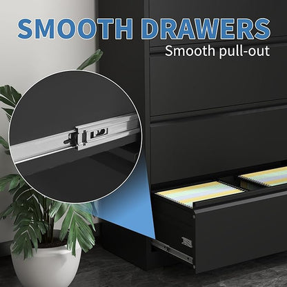 File Cabinets 5 Drawer,Metal Office Storage Filing Cabinet with Lock,White Lateral Filing Cabinet for Home Office,Horizontal Locking File Cabinet for Legal/Letter/A4,Assembly Require,Black