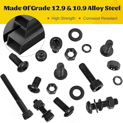 1500PCS M4 Screws with Nuts Assortment Kit, M4x6/8/12/16/20/25/30/40 mm Hex Socket Button & Cap Head Bolts Nut and Washers Set, 12.9 & 10.9 Grade Black Zinc Plated for DIY, 3D Printer