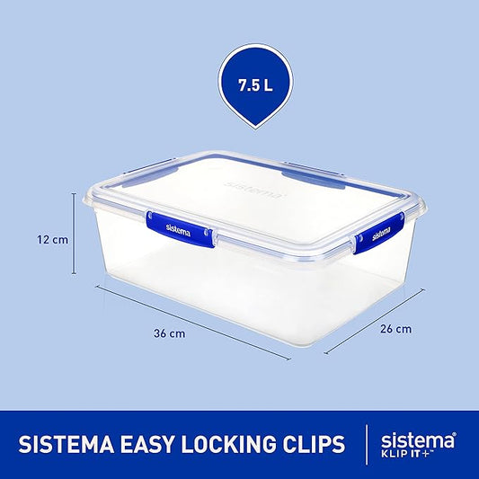 Sistema KLIP IT PLUS Food Storage Containers | 7.5 L Rectangle | Stackable & Airtight Fridge/Freezer Food Box with Lid | BPA-Free Plastic