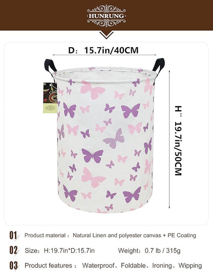 HUNRUNG Laundry Hamper,Large Canvas Fabric Lightweight Storage Basket Toy Organizer Dirty Clothes Collapsible Waterproof for College Dorms（Round-Butterfly）