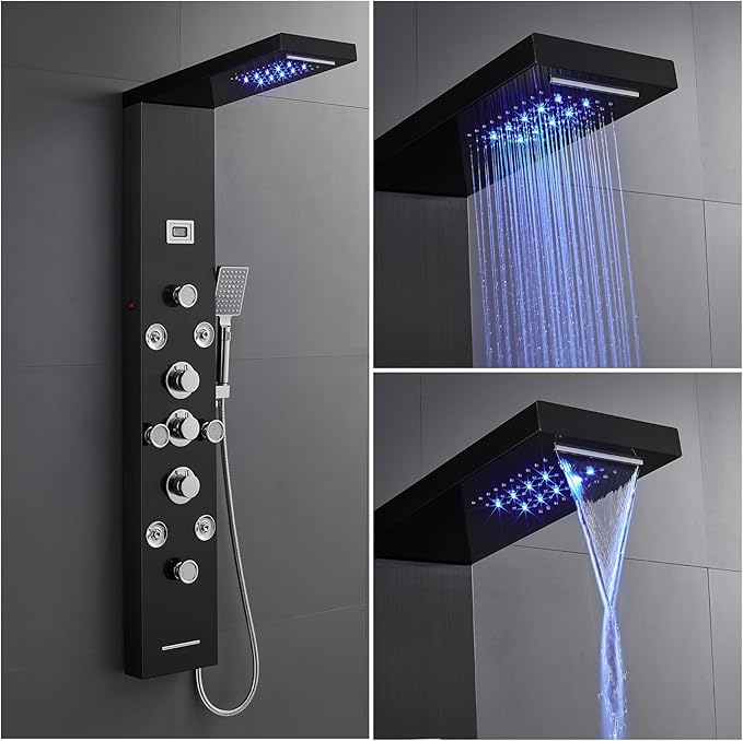 POPFLY 6 In 1 LED Shower Panel Tower System, 8 Body Massage Jets, 304 Stainless Steel Wall Mount Rainfall ＆ Waterfall Shower Column Towers with Temperature Display, Tub Spout, Black