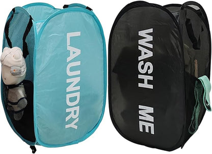 2Pack Mesh Pop Up Laundry Hamper, Foldable Laundry Basket with Side Pocket for Bedroom, Laundry Room, Travel, Cruise (Black+Blue)