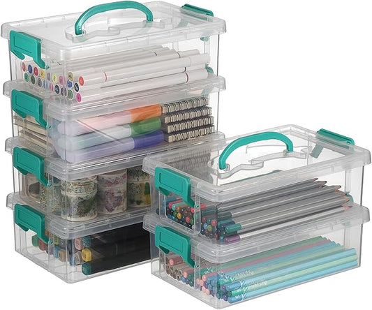 BTSKY 6-Pack Large Stackable Pencil Boxes with Handles, Transparent Pencil Case with Latching Lids & Clasp, Plastic Pencil Box Stationery Organizer Box Ideal for Craft Pen Art Office Supply, Green