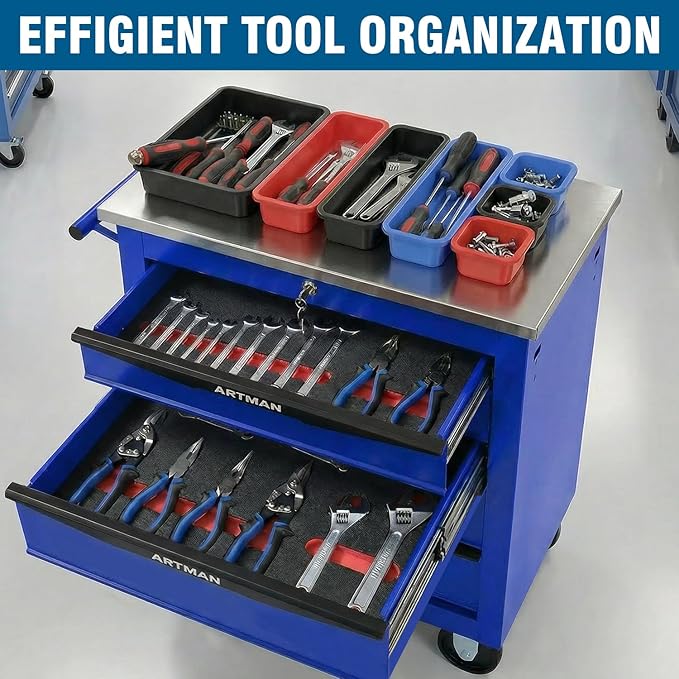4-Drawer Rolling Tool Chest with Stainless Steel Countertop,Tool Chest with Secure Locking System,Mobile Storage Tool Cabinet with 360°Wheels and Padded Feet,for Home,Garage (Blue)