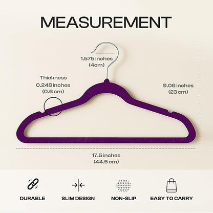Utopia Home Velvet Hangers 50 Pack – Luxury Non-Slip Slim Pant & Coat Hangers, Strong Space-Saving Clothes Hangers with Pants Bar and 360° Swivel Hook – Purple