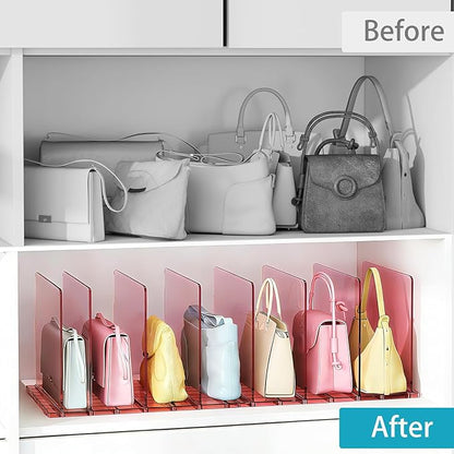 Purse Organizer for Closet: Shelf Dividers Adjustable Acrylic Bag Closet Organizers and Storage Pink 4 Bases 14 Shelves