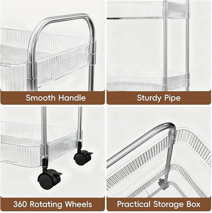 3 Tier Rolling Cart with Lockable Wheels, Clear Acrylic Utility Trolley with Handle, Heavy-Duty Storage Organizer for Kitchen Bathroom Nursery Laundry - Snack Book Craft Organizer (Clear)