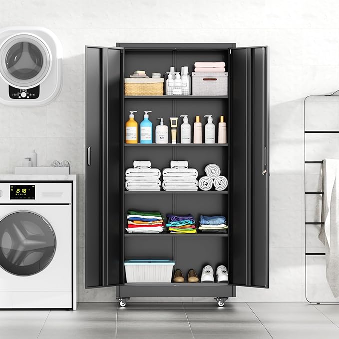 INTERGREAT Metal Storage Cabinet with Wheels, 73" Rolling Storage Cabinets with Door and 4 Shelves, Tall Storage Cabinets Locker on Caster for Home, Office(Black)