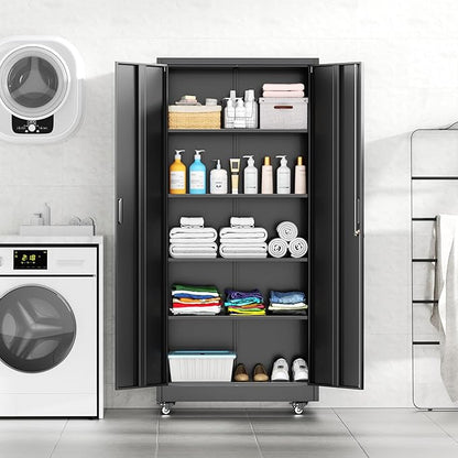 INTERGREAT Metal Storage Cabinet with Wheels, 73" Rolling Storage Cabinets with Door and 4 Shelves, Tall Storage Cabinets Locker on Caster for Home, Office(Black)