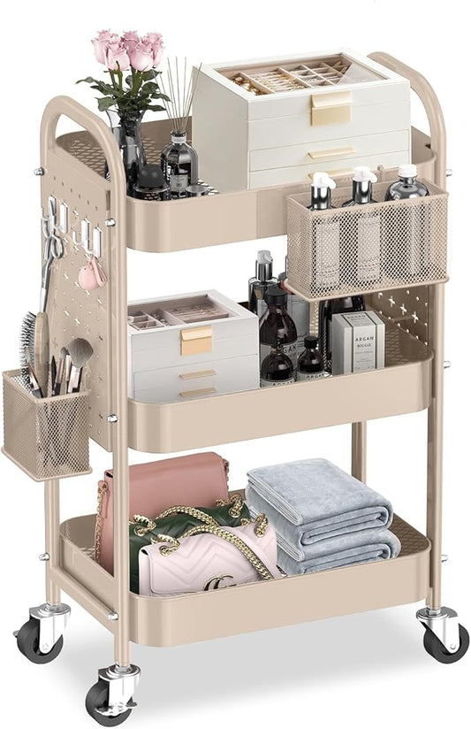 ALVOROG 3 Tier Rolling Cart with DIY Pegboards Metal Utility Cart with Wheels Handles Baskets Hooks, Craft Cart for Office Kitchen Bathroom(Khaki)