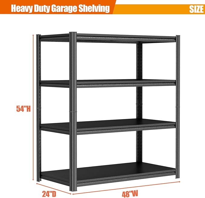 Heavy Duty Garage Shelving Unit, 4-Tier Adjustable Metal Storage Shelves, High-Capacity Storage Rack, 2500LBS Utility Shelf for Garage & Basement, Tool Organization, Warehouse, 54" H, Black