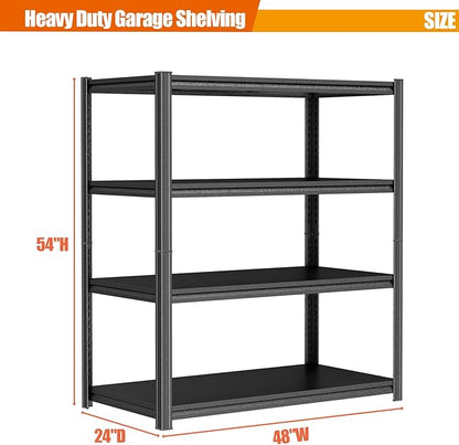 Heavy Duty Garage Shelving Unit, 4-Tier Adjustable Metal Storage Shelves, High-Capacity Storage Rack, 2500LBS Utility Shelf for Garage & Basement, Tool Organization, Warehouse, 54" H, Black