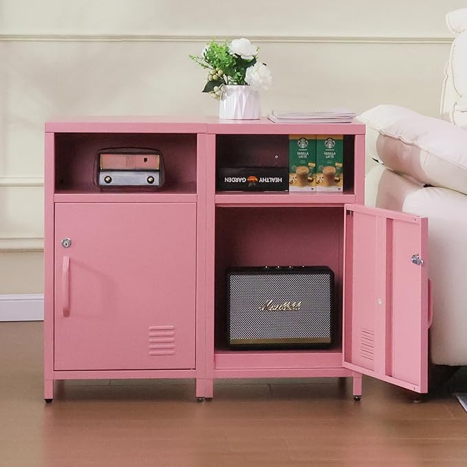 ALBAD Compact Metal Nightstand with Lockable Cabinet and Open Shelf, Modern Bedside Table, Versatile Side Table for Bedroom, Living Room, or Office (Pink, 26" H-Lockable Door)