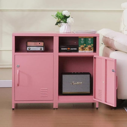 ALBAD Compact Metal Nightstand with Lockable Cabinet and Open Shelf, Modern Bedside Table, Versatile Side Table for Bedroom, Living Room, or Office (Pink, 26" H-Lockable Door)