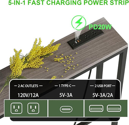 94.5" Behind Couch Table with 2 Fast Charging Stations, 7.1" Narrow Skinny Sofa Table with 4 Power Outlets, 4 USB-A, 2 USB-C for Console Entryway, Black Oak