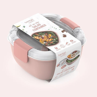 Bentgo Salad Container - 54 oz Bowl with 4-Compartment Toppings Tray, Dressing Container, Reusable Fork, BPA-Free Lunch Box for Meal Prep & Food Storage; Removable Bento Tray (Blush Marble)