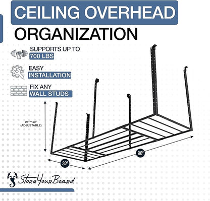 StoreYourBoard 3 x 8 ft Garage Storage Rack, Ceiling Shelf Overhead Organization, Heavy Duty Steel Platform Holds 700 lbs, 96 in. x 32 in. x 40 in.