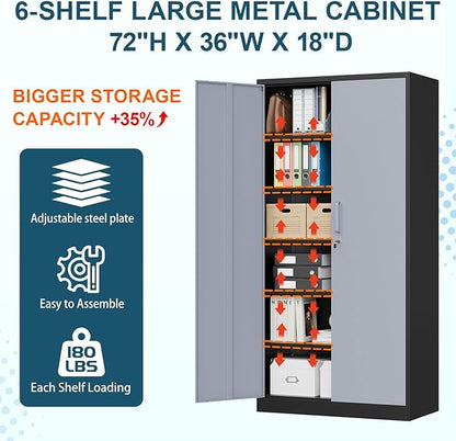 MIIIKO Metal Storage Cabinet with 6 Tier Shelves and Locking Doors, 72" x 36" x 18" Steel Garage Storage Cabinets for Home, Garage, Pantry Workshop Warehouse…