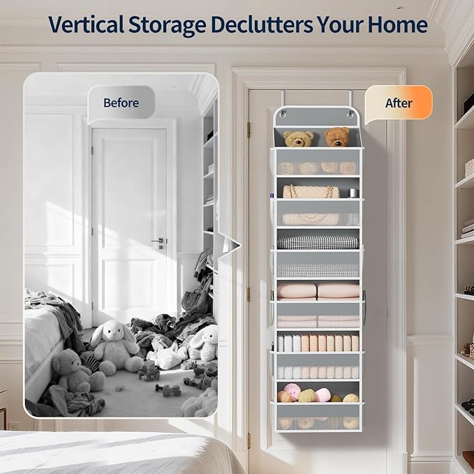 Yecaye Over Door Organizer, 60 lbs Load Capacity, Metal Hanging Storage with 6 Shelves for Toys, Bathroom, Nursery, Dorm Room, Grey