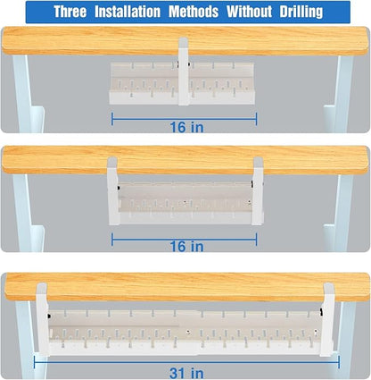 No Drilling Extendable Under Desk Cable Management, Metal Cable Management Tray Under Desk with Clamp, Retractable Power Strip Cord Holder for Wire Management 31Inch (1 Pack White)