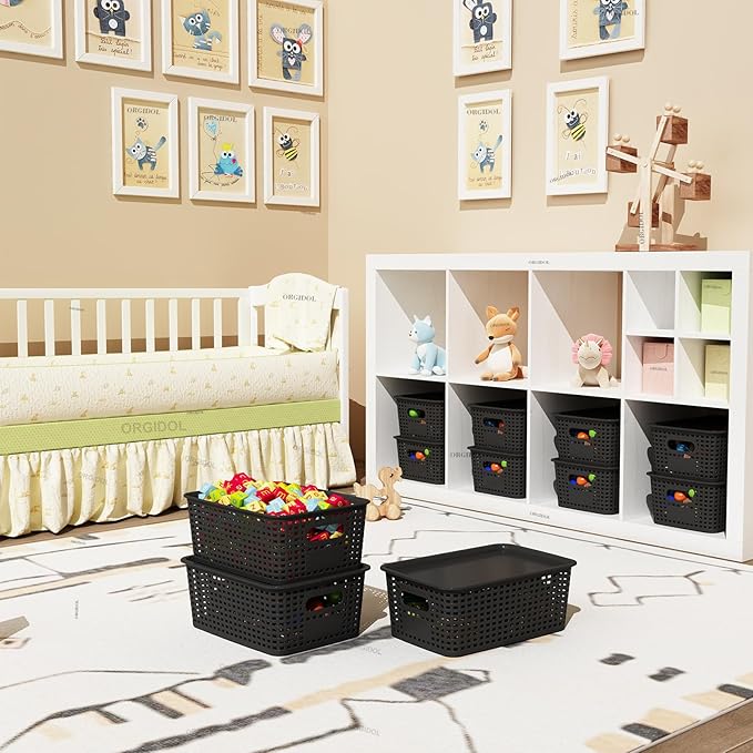 Plastic Storage Basket with Lids 12 Pack Stackable Black Storage Bins Containers with Lid, Decorative Storage Boxes for Organizing Shelves, Drawers, Playroom, Classroom, Office, Closet