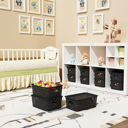 Plastic Storage Basket with Lids 10 Pack Stackable Black Storage Bins Containers with Lid, Decorative Storage Boxes for Organizing Shelves, Drawers, Playroom, Classroom, Office, Closet