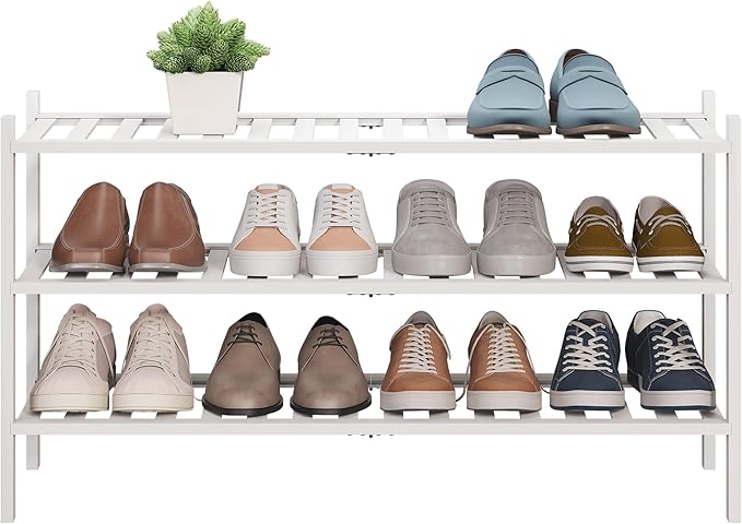 BMOSU 3-Tier Bamboo Extended Shoe Rack Premium Stackable Shoe Shelf Storage Organizer for Hallway Closet Living Room Entryway Organizer(White Bamboo)