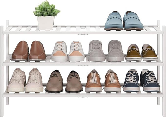 BMOSU 3-Tier Bamboo Extended Shoe Rack Premium Stackable Shoe Shelf Storage Organizer for Hallway Closet Living Room Entryway Organizer(White Bamboo)