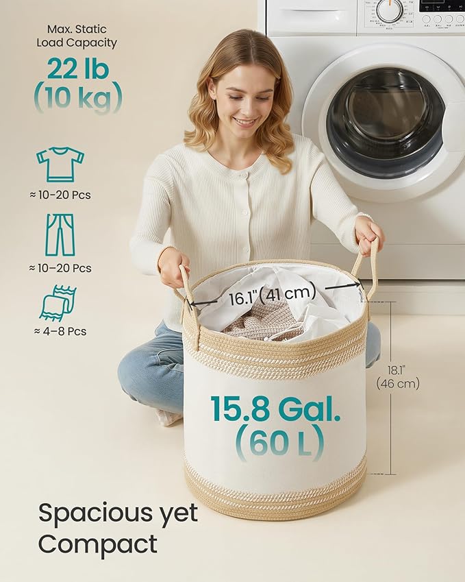 SONGMICS Laundry Hamper, Cotton Rope Laundry Basket with Handles, for Clothing, Living Room, Bedroom, 15.8 Gallons, 16.1 x 16.1 x 18.1 Inches, Cloud White and Camel Brown URLH060K01