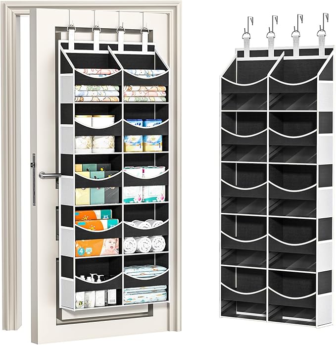 Aokeyee 5 Tiers Over the Door Storage Organizer, Behind Door Storage for Baby Nursery, 80lb Capacity Door Hanging Organizer with 10 Compartments & 10 Mesh Pockets for Closet, Bedroom, Bathroom, Toys