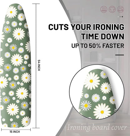 Extra Thick Ironing Board Cover and Pad, 15x54 Ironing Board Cover, Resist Scorching and Staining,Elastic Edges,Sage Green White Daisy Spring Flowers