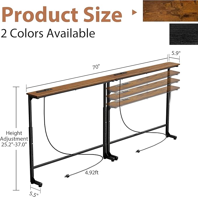 GRLEAF 2 Pack Adjustable Height Narrow Console Table with Power Outlets, 70" Long Sofa Table with Charging Station Behind Couch Table Entryway Table for Living Room and Hallway – Rustic Brown