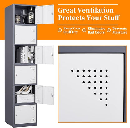 Metal Locker with 6 Doors, 71" Lockers for Employees Steel Storage Locker, Lockable Locker Cabinet for School, Gym, Home Office and Garage（Grey White）